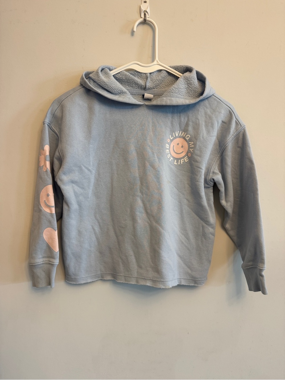 Old Navy Light Blue Hoodie with Pink Smiley Graphics